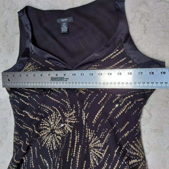 Alfani Petite Women 10P Silk Black Gold Sequin Blouse & Flared Skirt Set 2-Piece - Picture 5 of 12